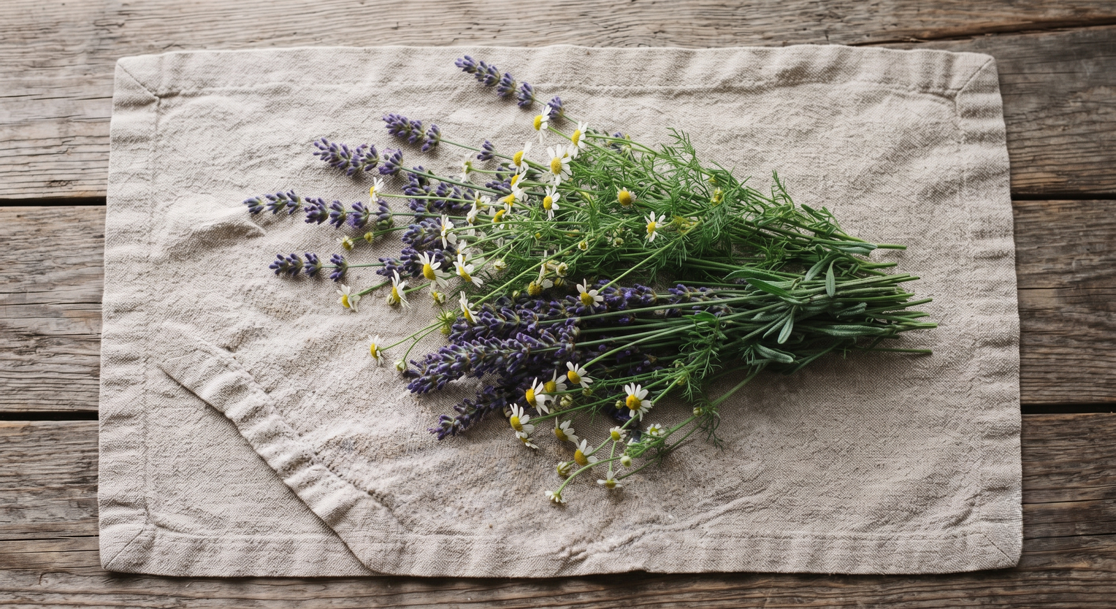 Raw lavender and chamomile laid out on a linen cloth